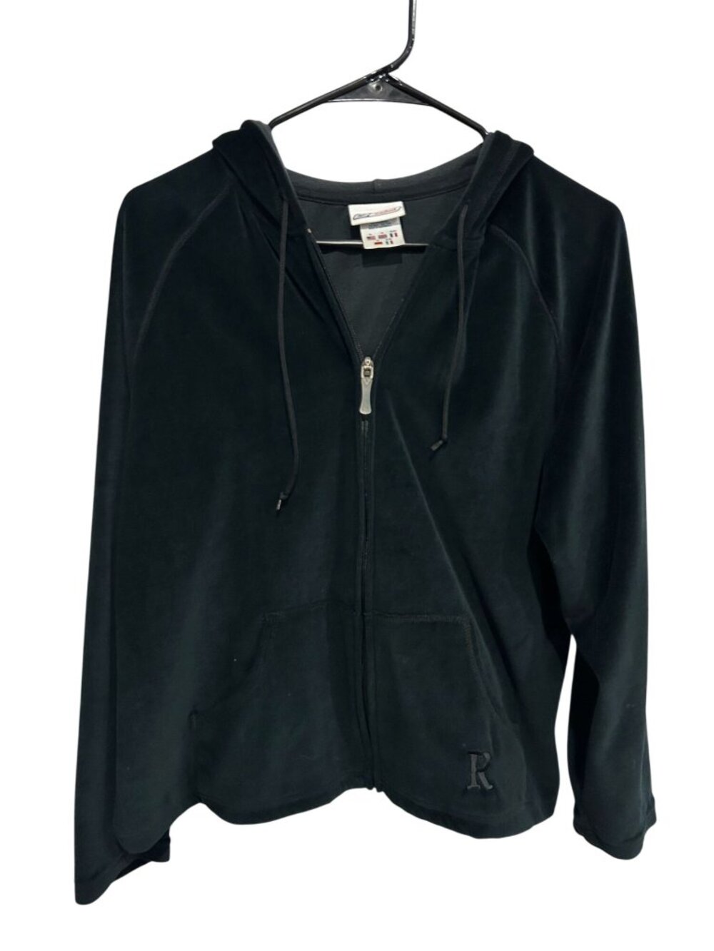 Reebok XL Black Velour Full-Zip Hoodie Kangaroo Pockets Drawstring Y2K Cozycore